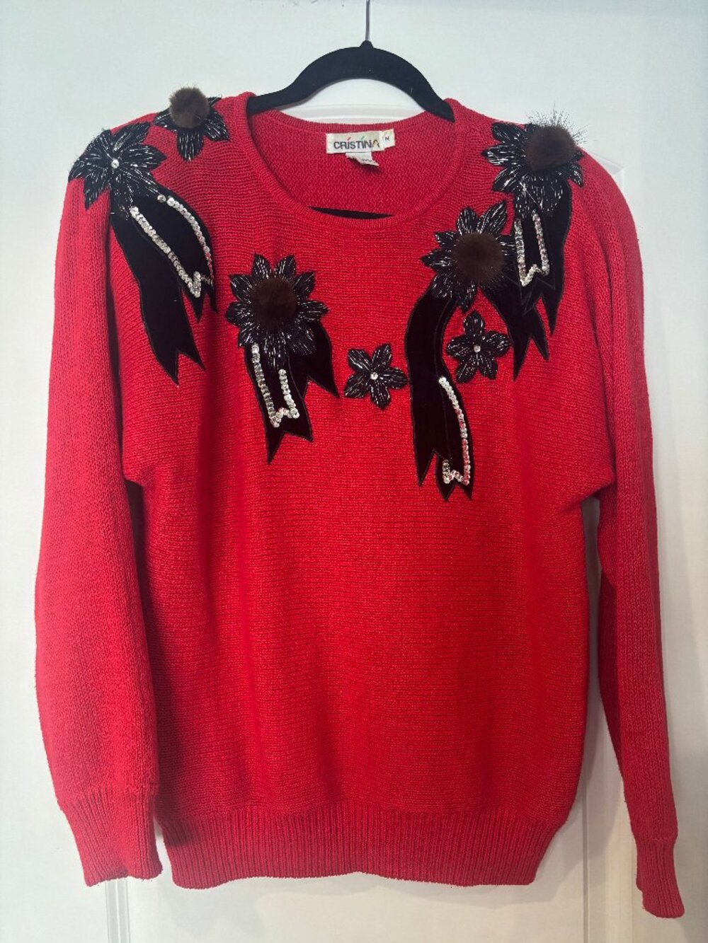 Vintage 80s Cristina Red Embellished Sweater Mink Fur Sequin Velvet Size M